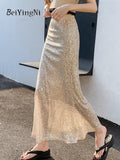 yipinpay Y2K Sequin Sexy Club Midi Skirts Women Elegant Slim Fit Ladies Elastic Waist Mermaid Skirt Street Korean Long Faldas