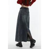 yipinpay Vintage Blue Women Denim Skirt Streetwear American Style Casual High Waist Ladies Slit Jean Medium and Long A-line Skirt