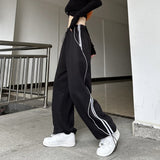 yipinpay Women's Casual Pants American Retro Loose Fitting High Street Black White Contrasting Design Straight Tube Wide Leg Sports Pants
