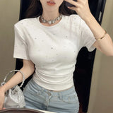 Yipinpay Y2k Tops Summer Shirts for Women 2023 Graphic T Shirts O Neck Short Sleeve Black T-shirt Waist Fold Grunge Tees Beaded