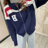 Yipinpay and Autumn Casual All-match Letter Contrast Color Sweater Jacket Double Zipper Stand-up Collar Knitted Cardigan Women