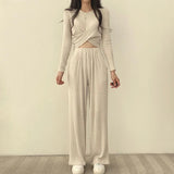 Yipinpay O Neck T-shirt Crop Tops Casual High Waist Wide Leg Pants Black Two Piece Sets Womens Outifits Tracksuit Sweatpants