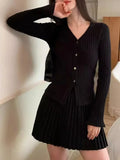 Yipinpay Two-piece Solid Skirt Sets Women V-neck Long Sleeves Knitted Cardigan + Mini Pleated Skirt Autumn Y2K Korean Chic Suit