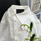 Yipinpay Long Sleeve 3D Flower Shirt Blusa Feminina White Blouses for Women Fashion 2023 Embroidery Tops Lady Casual Shirts