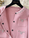 Yipinpay Japan Style Pearls Knit Suits Hidden Breasted Pockets Cardigan+Mini Pleated A Line Skirt Women Sweet Streetwear Sets