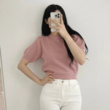 Yipinpay O Neck Cropped Pink Sweaters Women Slim Short Sleeve Shirt Back Bow Bandage Tops Sueter Jumper Blouse Shirts Sweet