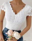 Yipinpay new sexy women's jumpsuit casual Scallop Trim V-Neck Lace Bodysuit short sleeve tops jumpsuit skinny female slim bodysuit