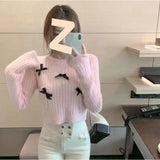 Yipinpay White Blue 3D Bow Rhinestone Chain Sweater Jumper Pull Femme Korean Cropped Sweater Mujer Mink Cashmere Sueter Mohair Top