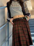 Yipinpay Vintage Red Plaid Skirt Women 2023 Autumn Preppy Style Kpop High Waist A-line Knee Length Pleated Skirt 90s Aesthetic
