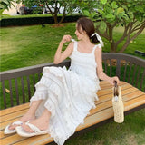 Yipinpay Dress 2023 Summer Fashion New Loose High Waist Strap Sleeveless Black Strapless Maxi Dresses Fairy Trendy White Cake Dress