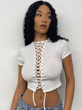 yipinpay Tee Tops Short Sleeve Crop Top Women Hollow Out T Shirt Summer Y2K Clothes Skinny Black Top Streetwear White T-Shirts