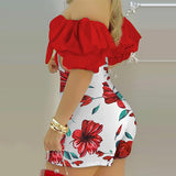 Yipinpay Off Shoulder Floral Print Jumpsuit Summer Women's Chic Jumpsuit Bubble Hollow Lace-up Front Jumpsuit Short Sleeve Slim 2023