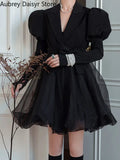 Yipinpay Black Mini Blazer Dress Women Elegant Vintage Chic Mesh Design Y2k Dress Winter Casual Sash Evening Party Dress One Piece
