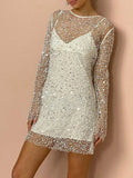 Yipinpay See Though Sequin Mesh Sling Dress For Women 2024 Spring Two-in-one Gauze Mini Dress Female Vacation Party Short Dresses