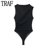 Yipinpay Tulle Black Body Woman Sleeveless Mesh Bodysuit Women Ruched See Through Bodysuit Lingerie Sexy Summer Tops For Women