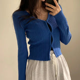 Yipinpay Cropped Cardigan Women V Neck Covered Button Solid Stretch Thin Spring Long Sleeve Knitted Tops Casual Lady Sweater