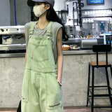 Yipinpay Green Denim Overalls Pant for Women Y2k Streetwear Baggy Pocket Jeans Straight Bib Denim Rompers Trousers Korean Ladies