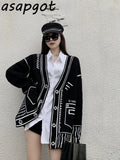 Yipinpay Temperament Loose V Neck Graffiti Cardigan Knitted Jacket Long Autumn Winter Knitted Sweaters Tops Fashion Casual Pull
