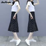 Yipinpay Summer New Short-sleeved T-shirt Chiffon Polka Dot Skirt Two-piece Set Women's All-match White Top Black Midi Skirts Suit