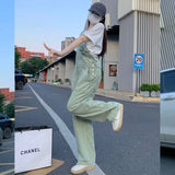 Yipinpay Green Denim Overalls Pant for Women Y2k Streetwear Baggy Pocket Jeans Straight Bib Denim Rompers Trousers Korean Ladies