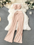 Yipinpay Korean Style Hotsweet Sets Sexy Strapless Short Tops+Basics High Waist Split Wide Leg Pants Fashion Casual Beach Suits