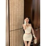 Yipinpay Hot Girl Suit Women's Spring Slim Fit Halter Neck Tank Top High Waist Wrap Hip Skirt Two-piece Set Fashion Female Clothes