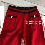 Yipinpay Leg Pants Sets 2 Piece Sets Womens Outfits Casual Tracksuit Metal Button Red Cardigan Cropped Knitwear Coat Korean Clothes