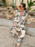 Yipinpay Floral Print Long Pants Sets Women 2024 Chic Lapel Long Sleeve Shirt Wide Leg Trousers 2 Pieces Sets Lady Street Outfits
