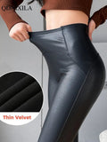 Yipinpay Winter Women's Leggings Pu Leather Pants Push Up Sexy Trousers Warm Black High Waist Tights Thin Fleece Legging for Women