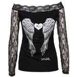 Yipinpay Women Lace T-shirts Autumn Winter 2023 Top Clothing Gothic Vintage Sexy Aesthetic y2k Off Shoulder Long Sleeve Top Streetwear