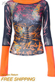 Yipinpay Women's Summer Y2K Vintage Sheer See-through Slim Tops Long Sleeve Round Neck Pattern Print Mesh Patchwork T-shirt