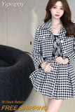 Yipinpay Temperament Matching Sets Retro O Tweed Plaid Jacket Short Long Sleeve Cardigan Slim Top Mini Houndstooth Pleated Skirt Chic