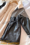 Yipinpay Plush High Neck Black Houndstooth Jacket Femme Faux Leather PU Loose Checkerboard Coat Winter Clothes Y2k Parkas