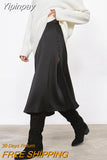Yipinpay Elegant Slit Black Satin Skirts Women Spring 2023 Flowing Button Skirts Zipper Office Ladies A-Line Chic Dress Silk