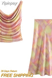 Yipinpay Tie Dye Satin Skirt Women High Waist Midi Skirt Women Summer Long Skirts For Women Fashion 2023 Elegant Women's Skirts Sets