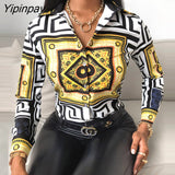 Yipinpay Scarf Print Colorblock Buttoned Shirt Women Long Sleeve Shirt Cotton Blouse