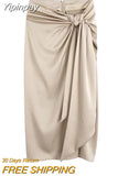 Yipinpay Knotted Long Skirt Women High Waist Skirt With Slit Ruched Elegant Skirts Woman Fashion 2023 Vintage Midi Split Skirt