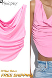 Yipinpay 2023 Pink Crop Top Women Ruched Tank Tops Y2k Streetwear Sleeveless Sexy Tops Woman Fashion Asymmetric Summer White Top