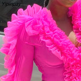 Yipinpay Women Y2K Chic Ruffle Hem Plunge Long Sleeve Bodysuit fashion Blouses Tops
