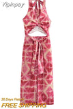 Yipinpay Print Halter Long Dress Women Cut Out Backless Dress Woman Off Shoulder Summer Party Dresses For Women Knot Evening Dresses