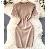 Yipinpay Women Korean Elegant Knitted Dress Short Sleeve O-neck Mini Dress Solid Elastic Slim Casual Summer Pencil Dress