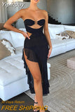 Yipinpay Strapless Cut Out Ruffles Midi Dress Women Sleeveless Off Shoulder High Split Party Vestidos 2023 Spring Fall Elegant Robe