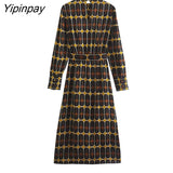 Yipinpay New Women Print Mid-Calf Dresses With Belt 2023 Spring Summer Fashion Ladies Party Dresses Long Sleeve Elegant Vestidos