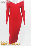 Yipinpay Winter Ribbed Knitted Cotton Dress Women Off Shoulder Long Sleeve Sexy Bodycon Dresses Elastic Slim Party Vestidos 2023