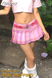 Yipinpay Japanese Y2k Pleated Skirt Women Pink Harajuku Kawaii Low Waist Embroidery A-line Mini Plaid Skirt Sexy Gyaru Summer