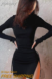 yipinpay Dress Long Sleeve Mini Dress Women Side Slit Drawstring Female Dress Autumn Winter Clothes Streetwear Bodycon Y2K Dress