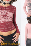 Yipinpay Women's Spring Summer Y2K Vintage Fitted Crop Tops Long Sleeve Crewneck Grunge Graphics Print Slim Kawaii T-shirt