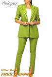 Yipinpay New PU Leather High-end Solid Suit Set Women Of Quality Office Lady 3/4 Sleeve Long Pants Slim Women 2 Piece Set