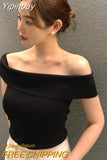 Yipinpay Slim Off The Shoulder Black Tshirt Summer Crop Top One Short Sleeve Striped Shirts for Women Y2k Top Ropa De Mujer Knit
