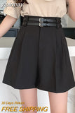 yipinpay Casual Suit Shorts Women With Double Belt Loose Wide Leg Short Pants Female OL Pockets Street High Waist Shorts Ladies